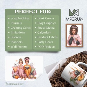 May include: An image featuring a variety of products, including a framed illustration of a woman, a sticker with two girls, and a mug with a pumpkin design. The image also includes a green rectangle with the text "PERFECT FOR:" and a list of creative applications.