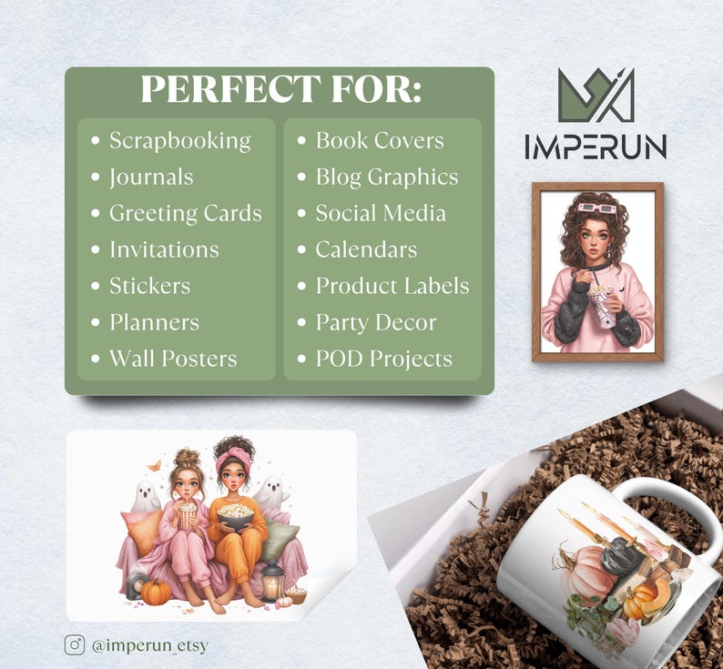 May include: An image featuring a variety of products, including a framed illustration of a woman, a sticker with two girls, and a mug with a pumpkin design. The image also includes a green rectangle with the text "PERFECT FOR:" and a list of creative applications.