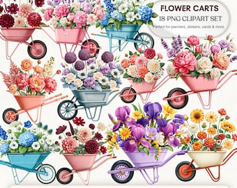 Vintage Flower Cart Clipart Bundle: 18 PNG Garden Floral Designs (Digital Download)