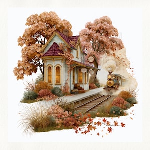 May include: A vintage-style train station building with light blue siding and a dark red roof, surrounded by autumn trees with orange and brown leaves. A steam locomotive approaches the platform on tracks, emitting smoke into the crisp fall air.