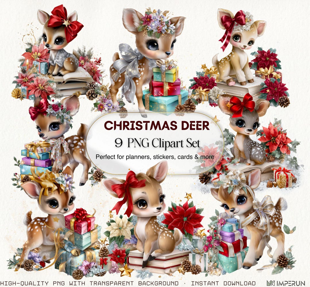 Christmas Deer Clipart Set – 9 Holiday Reindeer PNG (digital Download ...