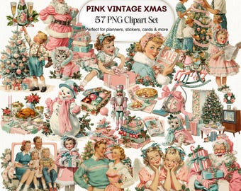 Pink Vintage Christmas Clipart Set, Retro Holiday 57 PNG Bundle, Watercolor Holiday Graphics Illustrations