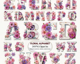 Floral Alphabet Clipart Set, Wedding Monogram, Baby Name Letters (Digital Download)