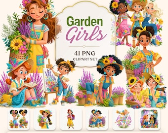 Garden Girls Clipart PNG, Spring Floral Cottagecore Bundle (Digital Download)