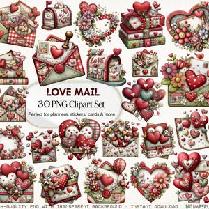 Könnte beinhalten: Eine Sammlung von 30 PNG-Clipart-Bildern zum Valentinstag. Die Bilder zeigen Herzen, Umschläge, Briefkästen und Blumenarrangements in Rot, Rosa und Grün. Der Text "LOVE MAIL" ist zu sehen.