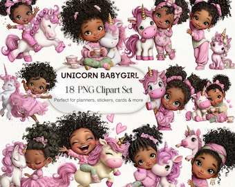 Unicorn Baby Girl PNG Clipart Set, Nursery Stickers (Digital Download)