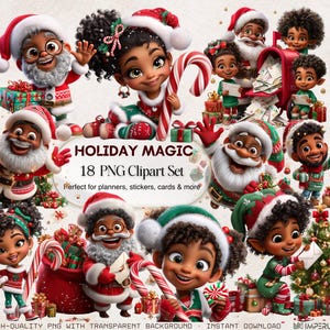 Black Santa Christmas Clipart Set: Diverse Festive PNG Graphics (Digital Download)