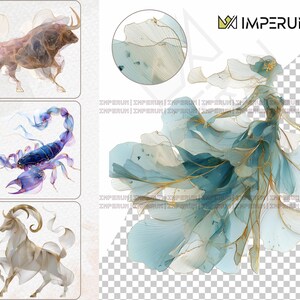 May include: Digital art featuring a bull, scorpion, and goat, each rendered in translucent, flowing lines of color. A woman in a flowing blue dress with gold accents is also depicted. The Imperun logo is in the upper right corner.