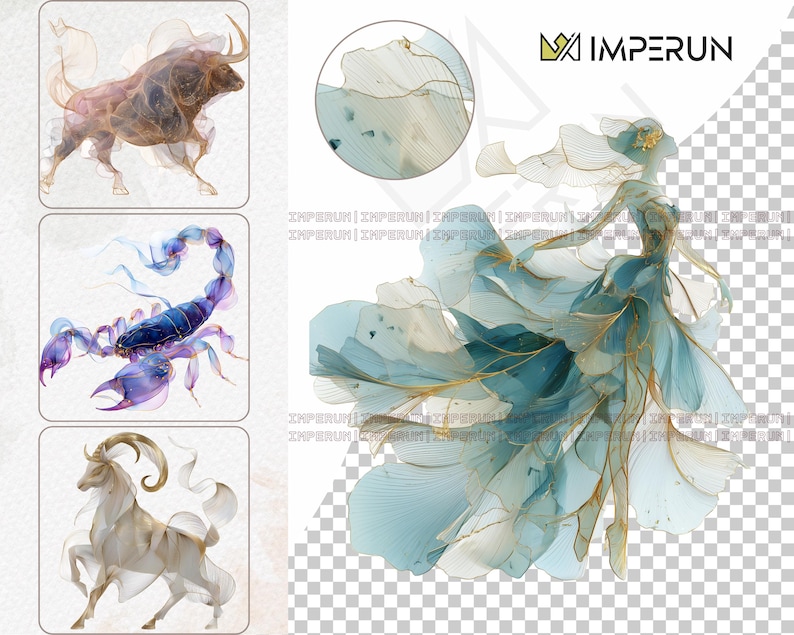 May include: Digital art featuring a bull, scorpion, and goat, each rendered in translucent, flowing lines of color. A woman in a flowing blue dress with gold accents is also depicted. The Imperun logo is in the upper right corner.