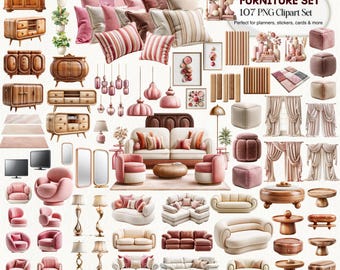 Living Room Furniture Graphics Set - PNG Clipart for Planners & Design