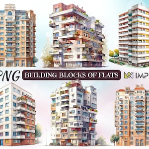 Watercolor Building Blocks Of Flats Clipart Set 6, PNG Images, Multistory Houses, Illustrations, Apartment Buildings, Architecture, Home