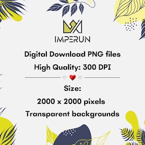 May include: Digital download of PNG files featuring a tropical leaf design. The files are high quality, 300 DPI, and 2000 x 2000 pixels in size. They have transparent backgrounds.