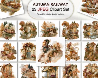 Autumn Railway Clipart Bundle - Vintage Train Station JPEGs for Cozy Fall Travel (Digital Download)