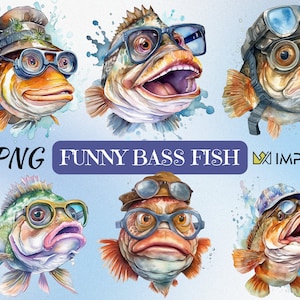 Bass Fish, Funny Fish Clipart, Perca de acuarela PNG, Pesca, Descarga digital, Uso comercial, Temporada de pesca, Impresión de peces