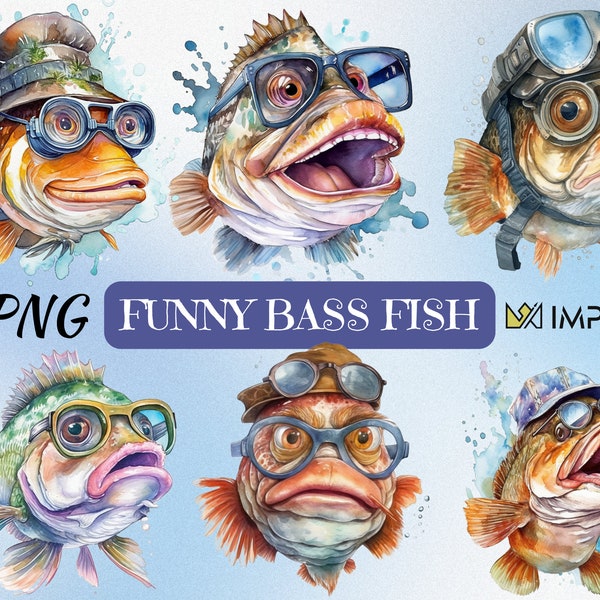 Bass Fish, Funny Fish Clipart, Watercolour Perch PNG, Fishing, Digital Download, Commercial Use, Fishing Season, Fish Print