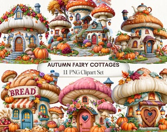 May include: A digital collection of 11 illustrations featuring mushroom-shaped cottages decorated with autumn leaves, pumpkins, and flowers. The text AUTUMN FAIRY COTTAGES 11 PNG Clipart Set is centered. Each cottage has a unique door and window design.