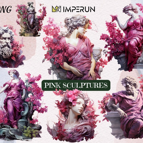 Greek Pink Sculpture Watercolor Clipart, PNG, Pink Aesthetics, Antique Statues, Greek Mythology, Pink Floral, Digital Art, Commercial Use