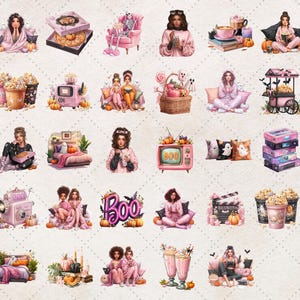 29 PNG Spooky Movie Night illustrations with cozy Halloween vibes – girls in pink loungewear, popcorn, candy, skeleton decor, pumpkins, Boo neon sign, haunted treats, and spooky themed pillows. Great for Halloween invitations, party printables, stickers, mugs, t-shirts, and other digital or printable designs.