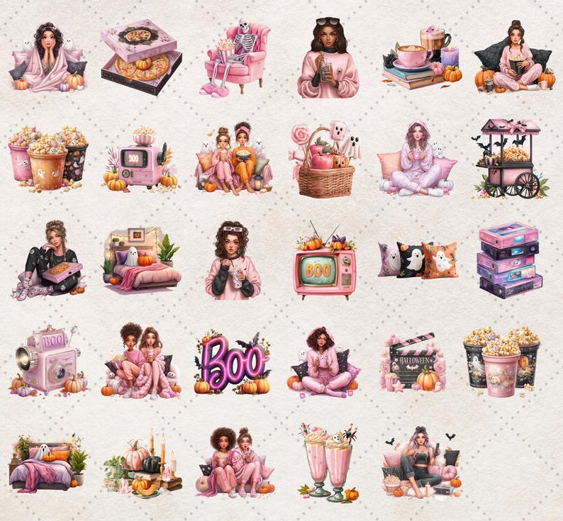 29 PNG Spooky Movie Night illustrations with cozy Halloween vibes – girls in pink loungewear, popcorn, candy, skeleton decor, pumpkins, Boo neon sign, haunted treats, and spooky themed pillows. Great for Halloween invitations, party printables, stickers, mugs, t-shirts, and other digital or printable designs.