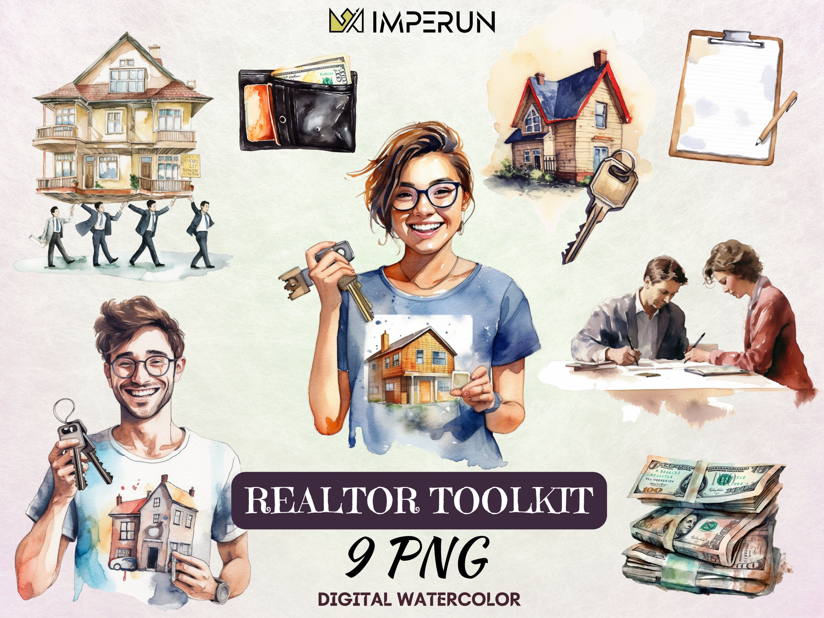 Realtor Essentials Watercolor Clipart Set, 9 PNG, Real Estate, House ...