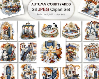 Autumn Courtyards JPEG Bundle | European Mediterranean Architecture & Cozy Cat Illustrations (Digital Download)