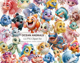 Kawaii Ocean Animals Clipart PNG Bundle – Sea Creatures for Nursery, Stickers (Digital Download)