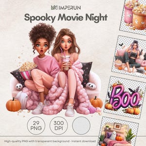 Halloween movie night PNG clipart bundle with 29 high-quality images – trendy girls enjoying popcorn, cozy blankets, pink decor, ghost cushions, spooky drinks, bats, pumpkins, neon signs, and festive snacks. Ideal for digital scrapbooking, sublimation, cards, Halloween crafts, and spooky autumn projects.