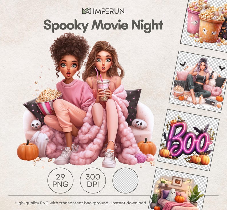 Halloween movie night PNG clipart bundle with 29 high-quality images – trendy girls enjoying popcorn, cozy blankets, pink decor, ghost cushions, spooky drinks, bats, pumpkins, neon signs, and festive snacks. Ideal for digital scrapbooking, sublimation, cards, Halloween crafts, and spooky autumn projects.