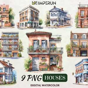 Two-Story Brick Houses Clipart Set – 9 Realistic Watercolor PNG Illustrations, Architecture Home Decor Art, Apartment & Realtor Graphics