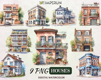 Watercolor Brick House Clipart: Two-Story Home Illustrations (PNG)