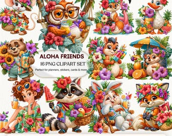 Zestaw clipartów z tropikalnymi, letnimi zwierzętami | Grafiki Aloha PNG na motywy plażowe (do pobrania cyfrowego)