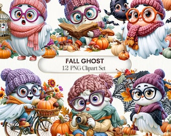 May include: A digital collection of 12 PNG clipart images featuring cartoon ghosts wearing knitted hats, scarves, and glasses. The ghosts are depicted with pumpkins, books, a bicycle, a camera, and an umbrella, all set against a white background.