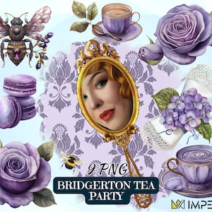 Bridgerton Tea Party Clipart Set – Penelope Featherington & Colin PNG, Regency Era Illustrations, Lady Whistledown Inspired Digital Art