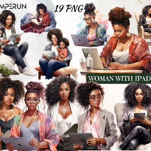 Black Girl with Laptop Clipart Set – Watercolor Business Woman PNG, Afro-American with iPad, Pets, Child, Diverse Body Types