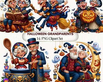 May include: A digital clipart set featuring elderly characters in Halloween-themed attire, including scenes with a spellbook, a broomstick, a jack-o'-lantern, a cauldron, and a crescent moon. The text reads HALLOWEEN GRANDPARENTS 14 PNG Clipart Set.