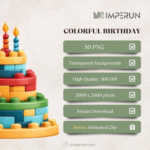 Pode incluir: Gr&aacute;fico colorido com tema de anivers&aacute;rio com um design de bolo em camadas feito de blocos de brinquedo. O bolo tem tr&ecirc;s velas acesas. O texto inclui "COLORFUL BIRTHDAY", "50 PNG", "Transparent backgrounds", "High Quality: 300 DPI", "2000 x 2000 pixels", "Instant Download" e "Bonus Animated Clip".