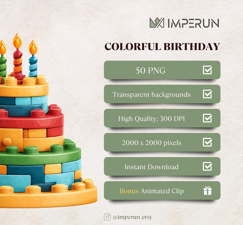 Pode incluir: Gr&aacute;fico colorido com tema de anivers&aacute;rio com um design de bolo em camadas feito de blocos de brinquedo. O bolo tem tr&ecirc;s velas acesas. O texto inclui "COLORFUL BIRTHDAY", "50 PNG", "Transparent backgrounds", "High Quality: 300 DPI", "2000 x 2000 pixels", "Instant Download" e "Bonus Animated Clip".