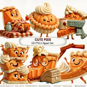 Puede incluir: Un conjunto de imágenes digitales con 13 porciones de tarta de calabaza antropomórficas con caras, nata montada y accesorios como bufandas, gafas y libros. El texto dice CUTE PIES 13 PNG Clipart Set.