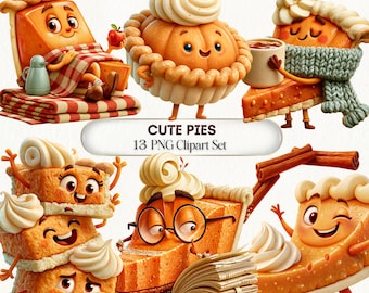 May include: A digital clipart set featuring 13 anthropomorphic pumpkin pie slices and whole pies with faces, whipped cream toppings, and accessories like scarves, glasses, and books. The text reads CUTE PIES 13 PNG Clipart Set.