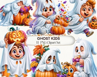 May include: A digital clipart set titled GHOST KIDS 11 PNG Clipart Set featuring cartoon children dressed in white ghost costumes with pumpkins and candy. The illustrations show children interacting with orange pumpkins, eating sweets, and wearing sheets.