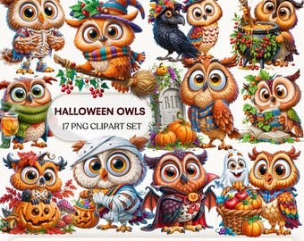 May include: A digital collection of Halloween owls featuring 17 PNG clipart images. The set includes owls dressed in costumes like mummies, vampires, and witches, alongside pumpkins, a cauldron, and a tombstone with the text HALLOWEEN OWLS 17 PNG CLIPART SET.