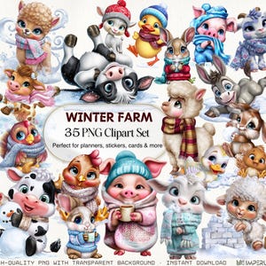 May include: A set of 35 PNG clipart images of cute winter farm animals. The illustrations include a cow, pig, sheep, duck, and other animals wearing winter hats and scarves. The text reads "WINTER FARM 35 PNG Clipart Set".