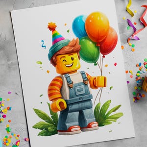 Pode incluir: Ilustra&ccedil;&atilde;o colorida de uma figura estilo Lego segurando bal&otilde;es. A figura usa um chap&eacute;u de festa, macac&atilde;o e uma camisa listrada. Os bal&otilde;es s&atilde;o azuis, verdes, laranja e vermelhos. Confetes e um cupcake no fundo.