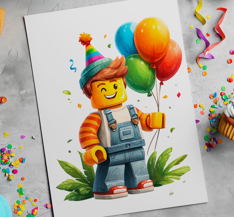Pode incluir: Ilustra&ccedil;&atilde;o colorida de uma figura estilo Lego segurando bal&otilde;es. A figura usa um chap&eacute;u de festa, macac&atilde;o e uma camisa listrada. Os bal&otilde;es s&atilde;o azuis, verdes, laranja e vermelhos. Confetes e um cupcake no fundo.