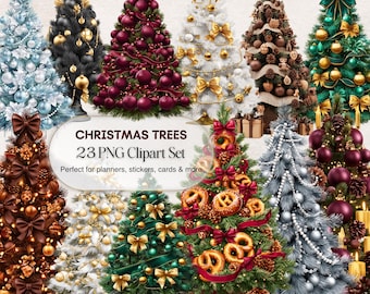 Paquete de imágenes prediseñadas de árboles de Navidad: 23 ilustraciones festivas en formato PNG (descarga digital)
