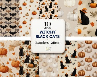 Witchy Black Cats Halloween Digital Paper: Seamless Fall Patterns (3600x3600 px, JPG Download)