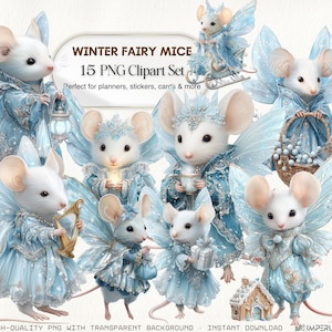 Peut inclure: Ensemble d'illustrations fantaisistes de souris blanches habillées en fées d'hiver. Les souris portent des robes bleu clair et ont des ailes délicates. Certaines tiennent des lanternes, des cadeaux ou jouent d'instruments. Le texte indique "Winter Fairy Mice 15 PNG Clipart Set".