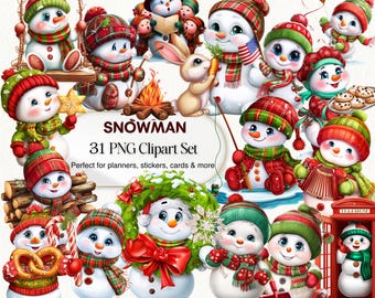 Christmas Snowman Clipart Set, Rustic Holiday 31 PNG Bundle (Digital Download)