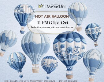 Blue Hot Air Balloon Embroidery Clipart Set: Floral Nursery Art (Digital Download)