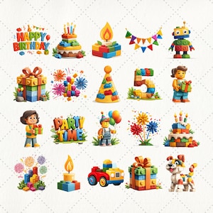 50 PNG Birthday Clipart in a playful building block theme. Set includes happy kids, presents, balloons, cakes, colorful numbers, robots, cars, garlands, and party decor made of toy bricks. High-quality images with transparent background, ideal for planners, stickers, sublimation, party invitations, and digital crafts.